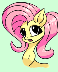 Size: 3508x4356 | Tagged: safe, artist:itchystomach, imported from derpibooru, fluttershy, pony, bust, digital art, female, looking at you, mare, no pupils, open mouth, simple background, solo, teal background, three quarter view