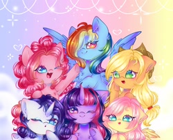 Size: 1600x1300 | Tagged: safe, artist:rainbowmoon2512, imported from derpibooru, applejack, fluttershy, pinkie pie, rainbow dash, rarity, twilight sparkle, earth pony, pegasus, unicorn, abstract background, bust, chest fluff, cute, dashabetes, diapinkes, ear fluff, hair over one eye, jackabetes, looking at you, mane six, one eye closed, open mouth, portrait, raribetes, shyabetes, twiabetes