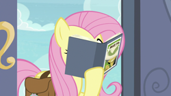 Size: 1920x1080 | Tagged: safe, imported from derpibooru, screencap, daring do, fluttershy, daring doubt, bag, book, holding, reading, saddle bag