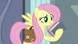 Size: 1920x1080 | Tagged: safe, imported from derpibooru, screencap, fluttershy, pony, daring doubt, bag, book, female, holding, saddle bag, solo