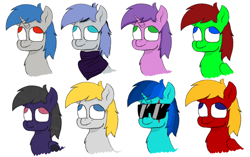 Size: 762x479 | Tagged: safe, artist:72oss, imported from derpibooru, oc, oc:anarchy, oc:calipso bellum, oc:goboton, oc:ponywka, oc:prpout, oc:sunstrike delight, oc:v λ c u u m, oc:waik, bat pony, pegasus, pony, unicorn, derp, simple background