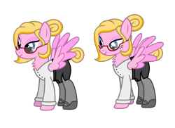 Size: 1291x939 | Tagged: safe, artist:shelikof launch, imported from derpibooru, oc, oc only, oc:miss karen, pegasus, pony, business suit, businessmare, chest fluff, clothes, glasses, hair bun, mane bun, secretary, show accurate, simple background, stockings, tail bun, thigh highs, transparent background