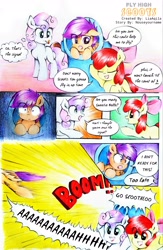 Size: 2289x3518 | Tagged: safe, artist:liaaqila, imported from derpibooru, apple bloom, scootaloo, sweetie belle, earth pony, pegasus, pony, unicorn, comic:fly high scoots, adorabloom, apple bloom's bow, blank flank, bow, cannon, comic, cute, cutealoo, cutie mark crusaders, dialogue, diasweetes, female, filly, hair bow, match, onomatopoeia, party cannon, pony cannonball, scootaloo can't fly, shrunken pupils, sound effects, speech bubble, this will end well, traditional art, trio, worried