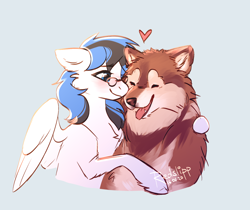 Size: 1402x1178 | Tagged: safe, artist:redslipp, imported from derpibooru, oc, oc:kezzie, dog, pegasus, pony, alaskan malamute, female, glasses, hug, pet