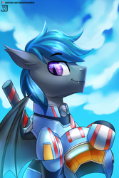 Size: 2000x3000 | Tagged: safe, artist:jedayskayvoker, imported from derpibooru, oc, oc only, oc:nocturne star, bat pony, pony, bat pony oc, bat wings, bust, helmet, looking at you, male, portrait, sky, solo, stallion, wings