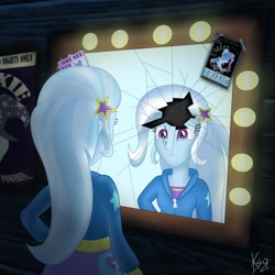 Size: 1280x1280 | Tagged: safe, artist:kirdim4ik, imported from derpibooru, trixie, pony, equestria girls, broken glass, female, human ponidox, mirror, poster, self ponidox, solo, the sad and depresive trixie