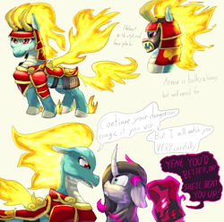 Size: 2958x2930 | Tagged: safe, artist:firefanatic, imported from derpibooru, fhtng th§ ¿nsp§kbl, oleander, tianhuo, classical unicorn, dragon, hybrid, longma, unicorn, them's fightin' herds, armor, character design, cloven hooves, community related, dialogue, fiery wings, fire, helmet, leonine tail, mane of fire, mask, oleander (tfh), tail of fire, tianhuo (tfh), unicornomicon, unshorn fetlocks, wings