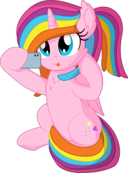 Size: 5897x7962 | Tagged: safe, artist:cyanlightning, imported from derpibooru, oc, oc only, oc:st. pinkie, alicorn, pony, .svg available, absurd resolution, alicorn oc, female, folded wings, horn, mare, phone, selfie, simple background, solo, transparent background, vector, wings