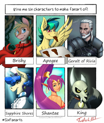 Size: 1697x2000 | Tagged: safe, artist:twotail813, imported from derpibooru, sapphire shores, oc, oc:apogee, anthro, demon, earth pony, genie, human, mouse, pegasus, pony, six fanarts, anthro with ponies, broken horn, bust, cloak, clothes, collar, cookie, crossover, don bluth, ear piercing, earring, elf ears, eye scar, female, filly, food, geralt of rivia, horn, jewelry, king (the owl house), king clawthorne, looking back, male, mare, mouth hold, mrs. brisby, open mouth, partial nudity, pegasus oc, pet tag, piercing, scar, shantae, shantae (character), skull, smiling, the owl house, the secret of nimh, the witcher, titan, topless, tray, wings