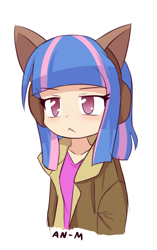 Size: 952x1515 | Tagged: safe, artist:an-m, imported from derpibooru, wind sprint, human, anime, cat ears, clothes, cropped, earmuffs, explicit source, female, frown, headband, humanized, jacket, raised eyebrow, simple background, solo, white background