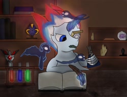 Size: 2776x2124 | Tagged: safe, artist:snow quill, imported from derpibooru, oc, oc:erudire, unicorn, aldia, alicorn amulet, book, bookshelf, claws, crystal, dark souls 2, horn, laboratory, magic, mutant, mutated pony, quill, scholar, souls, spirits, test tube, unicorn oc, writing