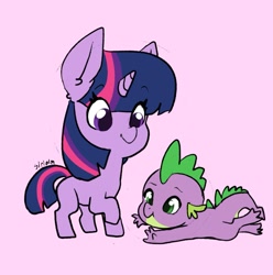 Size: 1721x1737 | Tagged: safe, artist:siripim111, imported from derpibooru, spike, twilight sparkle, dragon, pony, unicorn, cute, duo, female, male, mare, missing cutie mark, pink background, prone, simple background, spikabetes, twiabetes, unicorn twilight