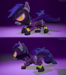 Size: 1279x1458 | Tagged: safe, artist:batponyecho, imported from derpibooru, oc, oc only, oc:echo, bat pony, pony, 3d, bat pony oc, bat wings, clothes, female, goggles, mare, shadowbolts, solo, source filmmaker, spread wings, suit, tail, wings