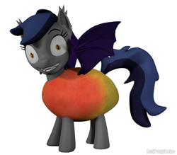 Size: 819x718 | Tagged: safe, artist:batponyecho, imported from derpibooru, oc, oc only, oc:echo, bat pony, pony, 3d, bat pony oc, bat wings, clothes, costume, female, food, mango, mare, shrunken pupils, simple background, solo, source filmmaker, spread wings, tail, that batpony sure does love mangoes, white background, wings