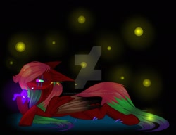 Size: 1920x1477 | Tagged: safe, artist:redheartponiesfan, imported from derpibooru, oc, oc only, oc:jokey, firefly (insect), insect, pegasus, pony, deviantart watermark, female, floppy ears, flower, lying down, mare, obtrusive watermark, pegasus oc, prone, solo, watermark, wings