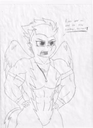 Size: 2552x3504 | Tagged: safe, artist:astrum, imported from derpibooru, spitfire, anthro, pegasus, abs, amazon, biceps, breasts, cleavage, clothes, dialogue, female, fitfire, hand on hip, irritated, lineart, mare, monochrome, muscles, muscular female, shirt, simple background, skintight clothes, solo, tight clothing, traditional art, undershirt, uniform, wings, wonderbolts uniform, yelling, zipper