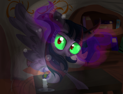 Size: 1361x1037 | Tagged: safe, artist:lovelye, imported from derpibooru, twilight sparkle, alicorn, pony, book, bookshelf, candle, candlelight, candlestick, colored horn, corrupted, corrupted twilight sparkle, curved horn, dark, door, female, golden oaks library, horn, solo, sombra eyes, sombra horn, sombra's horn, table, twilight sparkle (alicorn)