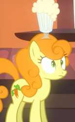 Size: 690x1123 | Tagged: safe, imported from derpibooru, screencap, carrot top, golden harvest, earth pony, pony, mmmystery on the friendship express, background pony, cropped, female, food, mare, solo, sundae, wide eyes