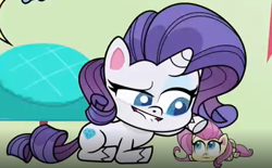 Size: 415x258 | Tagged: safe, imported from derpibooru, screencap, fluttershy, rarity, pegasus, pony, unicorn, cute-pocalypse meow, my little pony: pony life, spoiler:my little pony: pony life, spoiler:pony life s01e03, cute, female, g4.5, lip bite, mare, micro, patting, shyabetes, smug