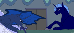 Size: 6000x2717 | Tagged: safe, artist:backlash91, imported from derpibooru, princess luna, oc, oc:artemis eclipse, oc:moon dust(alicorn), alicorn, adopted offspring, adoption, blind in one eye, colt, cute, family, father, female, gentle giant, implied transformation, luna's room, male, mare, maternaluna, mother, mother and child, mother and son, parent:oc:artemis eclipse, parent:princess luna, scar, son, stallion, tail, tail pull, tiny