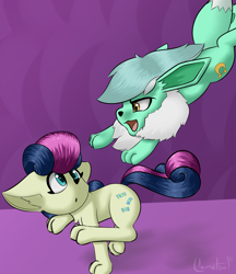 Size: 1653x1917 | Tagged: safe, artist:llametsul, imported from derpibooru, bon bon, lyra heartstrings, sweetie drops, eevee, flareon, vulpix, :o, adorabon, attack, chase, chest fluff, cute, cutie mark, ear fluff, eye contact, female, floppy ears, fluffy, furry, jumping, looking at each other, looking at someone, looking back, lyrabetes, open mouth, paws, pokefied, pokémon, ponified, pounce, quadrupedal, running, simple background, smiling, species swap