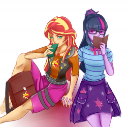 Size: 1900x1900 | Tagged: dead source, safe, artist:reinver, imported from derpibooru, sci-twi, sunset shimmer, twilight sparkle, equestria girls, backpack, book, cellphone, clothes, duo, duo female, female, holding hands, lesbian, phone, scitwishimmer, shipping, smartphone, sunsetsparkle