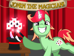 Size: 1600x1200 | Tagged: safe, artist:toyminator900, imported from derpibooru, oc, oc only, oc:jonin, pony, rabbit, unicorn, animal, commission, grin, happy, hat, horn, looking at you, magic, male, playing card, raised hoof, smiling, solo, stallion, table, top hat, wand