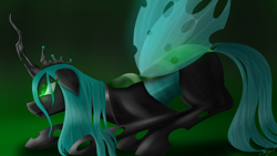 Size: 3840x2160 | Tagged: source needed, safe, artist:flaxen's art corner, imported from derpibooru, queen chrysalis, changeling, changeling queen, crown, female, floppy ears, glowing eyes, green eyes, high res, jewelry, pose, profile, regalia, solo, wings