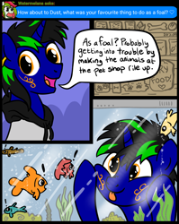 Size: 1536x1928 | Tagged: safe, artist:sjart117, imported from derpibooru, oc, oc only, oc:dust rock, oc:watermelana, fish, pony, unicorn, ask nyx, ask, ask dust rock, body markings, bubble, clothes, colt, fish tank, jacket, looking at you, male, permission given, pet food, pet store, speech, stallion, talking, tongue out, younger