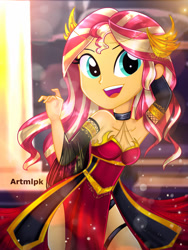 Size: 1800x2400 | Tagged: safe, artist:artmlpk, imported from derpibooru, sunset shimmer, equestria girls, adorable face, adorasexy, adorkable, alternate hairstyle, bare chest, bare shoulders, beautiful, choker, clothes, crown, cute, dork, dress, emperor, female, gloves, gold, hand on head, jewelry, looking at you, open mouth, queen, red dress, regalia, ruler, sexy, shimmerbetes, side slit, smiley face, smiling, smiling at you, socks, solo, thigh highs, topless, total sideslit, watermark