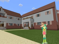 Size: 2048x1536 | Tagged: safe, artist:topsangtheman, imported from derpibooru, sweet leaf, equestria girls, female, house, looking at you, minecraft, photoshopped into minecraft, solo, traditional art