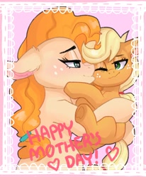 Size: 2312x2803 | Tagged: safe, artist:h0rsefeathers, imported from derpibooru, applejack, pear butter, earth pony, pony, cheek kiss, cute, female, filly, filly applejack, heart, high res, kiss on the cheek, kissing, mare, mother and child, mother and daughter, mother's day, one eye closed, text, younger