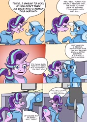 Size: 2480x3507 | Tagged: safe, artist:mcsplosion, imported from derpibooru, starlight glimmer, trixie, comic:horsemates, apartment, bedroom, comic, desk, human to pony, living room, magic, male to female, post-transformation, rule 63, transformation, transgender transformation