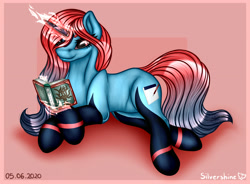 Size: 3134x2307 | Tagged: safe, artist:silvershine, imported from derpibooru, oc, oc only, oc:crimson skies, pony, unicorn, book, commission, magic, reading, simple background, solo