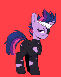 Size: 2495x3170 | Tagged: safe, artist:tallaferroxiv, imported from derpibooru, twilight sparkle, pony, unicorn, atg 2020, eyepatch, female, future twilight, mare, newbie artist training grounds, red background, simple background, solo, unicorn twilight