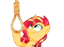 Size: 2000x1478 | Tagged: safe, artist:lazuli, artist:mint-light, imported from derpibooru, sunset shimmer, pony, unicorn, :d, bust, downvote bait, eyelashes, horn, looking up, noose, rope, simple background, smiling, solo, text, transparent background