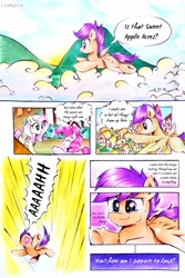 Size: 2322x3479 | Tagged: safe, artist:liaaqila, imported from derpibooru, fluttershy, pinkie pie, scootaloo, earth pony, pegasus, pony, comic:fly high scoots, cloud, comic, crying, cute, cutealoo, dialogue, didn't think this through, falling, flying, happy, scootaloo can fly, scootaloo can't fly, scootasad, speech bubble, sweet apple acres, tears of joy, thought bubble, traditional art, trio