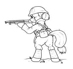 Size: 1024x968 | Tagged: safe, artist:ljdamz1119, imported from derpibooru, applejack, earth pony, pony, alternate hairstyle, battlefield, bipedal, clothes, female, gritted teeth, gun, hair bun, helmet, mare, military uniform, monochrome, shotgun, soldier, solo, trench shotgun, uniform, war, weapon, winchester 1897, winchester m1897, world war i