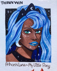 Size: 869x1080 | Tagged: safe, alternate version, artist:thinnwin, imported from derpibooru, princess luna, human, bust, clothes, dark skin, ear piercing, ethereal mane, female, humanized, jewelry, lipstick, necklace, piercing, smiling, solo, starry mane, traditional art