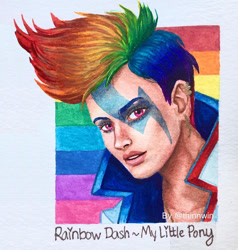 Size: 1029x1080 | Tagged: safe, alternate version, artist:thinnwin, imported from derpibooru, rainbow dash, human, bust, clothes, female, humanized, tattoo, traditional art
