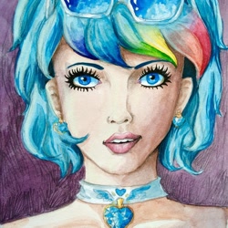 Size: 1080x1080 | Tagged: safe, artist:thinnwin, imported from derpibooru, oc, oc only, human, bust, choker, clothes, ear piercing, eyelashes, female, humanized, piercing, sunglasses, traditional art