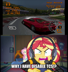 Size: 700x734 | Tagged: safe, edit, edited screencap, imported from derpibooru, screencap, fluttershy, sunset shimmer, equestria girls, game stream, spoiler:eqg series (season 2), engrish, female, grammar error, gran turismo, gran turismo 1, shimmercode, solo, sunset shimmer frustrated at game, toyota, toyota supra