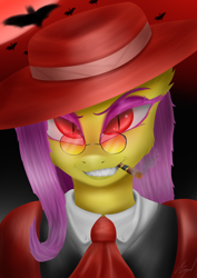 Size: 2894x4093 | Tagged: safe, artist:flaxen's art corner, imported from derpibooru, fluttershy, bat, bat pony, alucard, alushy, badass, bat ponified, crossover, flutterbadass, flutterbat, glowing eyes, hellsing, race swap, red eyes, smoking