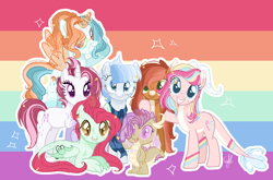 Size: 1034x682 | Tagged: safe, artist:6-fingers-lover, imported from derpibooru, oc, oc only, oc:fire ball, oc:lucky hoof (6-fingers-lover), oc:poison ivy, oc:smooth blue, oc:strong heart, oc:sugar cane, dracony, dragon, earth pony, hybrid, pegasus, pony, unicorn, female, interspecies offspring, levitation, magic, magical lesbian spawn, mare, offspring, parent:applejack, parent:bulk biceps, parent:fluttershy, parent:pinkie pie, parent:princess ember, parent:princess skystar, parent:rainbow dash, parent:rarity, parent:sunset shimmer, parent:trouble shoes, parent:troubleshoes clyde, parent:twilight sparkle, parents:embershy, parents:raribulk, parents:skypie, parents:sunsetdash, parents:troublejack, parents:twidash, pride flag, telekinesis