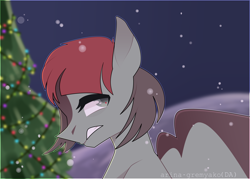 Size: 7000x5000 | Tagged: safe, artist:arina-gremyako, imported from derpibooru, oc, oc only, oc:claudia, pegasus, pony, christmas, christmas tree, d'lirium, female, holiday, looking back, mare, red dot, signature, snow, solo, tree