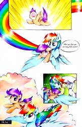Size: 2322x3558 | Tagged: safe, artist:liaaqila, imported from derpibooru, apple bloom, rainbow dash, scootaloo, sweetie belle, earth pony, pegasus, pony, unicorn, comic:fly high scoots, adorabloom, bipedal, cloud, comic, cute, cutealoo, dashabetes, dialogue, diasweetes, dream, falling, flying, good end, pillow, rainbow trail, scootaloo can fly, scootaloo can't fly, scootalove, screaming, sleeping, snoring, speech bubble, thought bubble, traditional art, unamused