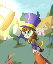 Size: 2048x2480 | Tagged: safe, artist:tigerett, artist:tigerett01, imported from derpibooru, earth pony, pony, a hat in time, cape, clothes, female, filly, hat, hat kid, hourglass, ponified, ponyville, reaching, solo, tongue out