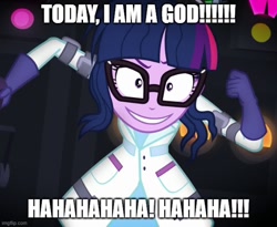 Size: 610x500 | Tagged: safe, edit, edited screencap, imported from derpibooru, screencap, sci-twi, twilight sparkle, eqg summertime shorts, equestria girls, mad twience, a god am i, caption, evil grin, evil laugh, grin, i am a god, image macro, insanity, laughing, mad scientist, medic, scream fortress, smiling, team fortress 2, text, this will end in science, twi medic