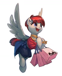 Size: 1298x1587 | Tagged: safe, artist:luciferamon, imported from derpibooru, valley glamour, pegasus, pony, clothes, cute, ear fluff, female, flying, mare, open mouth, shopping bag, shopping bags, simple background, solo, spread wings, tmall, white background, wings