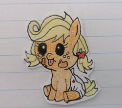 Size: 750x662 | Tagged: safe, artist:agirlwholovesmlp, imported from derpibooru, applejack, earth pony, pony, apple family reunion, baby, baby pony, babyjack, cute, diaper, female, filly, foal, freckles, jackabetes, lined paper, sitting, tongue out, traditional art, younger